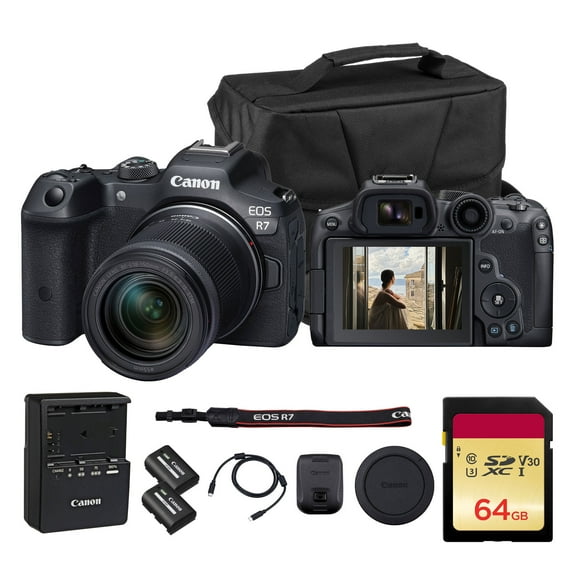 Canon EOS R7 Mirrorless Camera with 18-150mm Lens | Speed, Precision, and Versatility for Hybrid Creators (5137C009) + LP-E6P Battery + 64GB Memory Card + Canon Shoulder Bag
