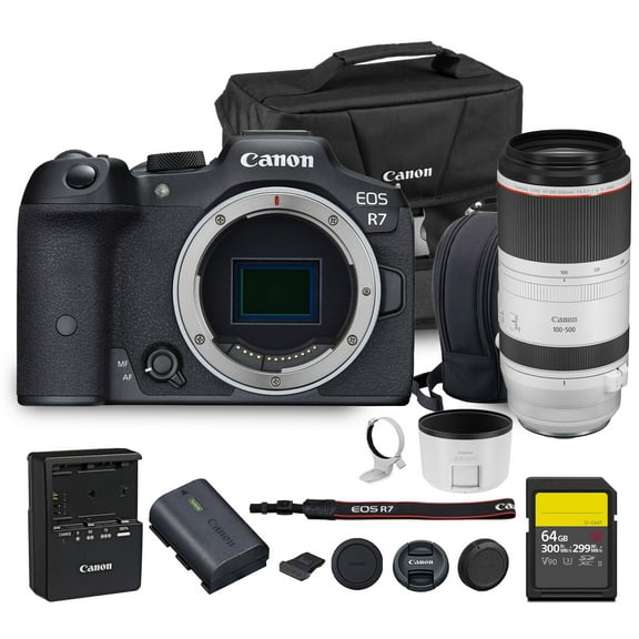 Canon EOS R7 Mirrorless Camera | 32.5MP APS-C Sensor 4K 60p Video | Fast Autofocus In-Body Stabilization for Wildlife and Sports (4112C002) + Canon RF 100-500mm Lens + 64GB Card + Bag