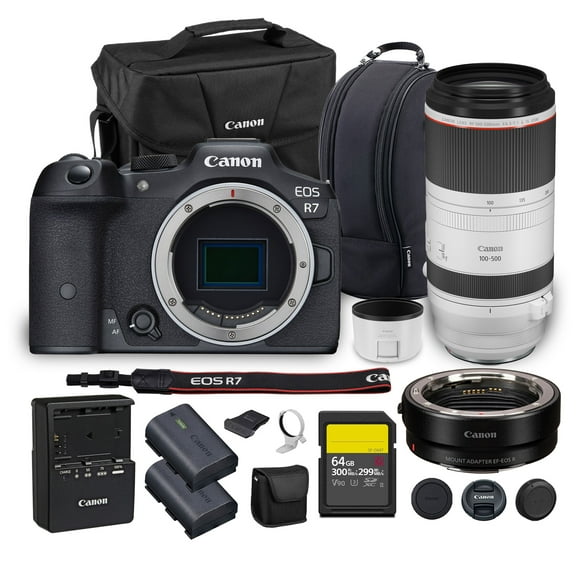 Canon EOS R7 Mirrorless Camera | 32.5MP APS-C Sensor 4K 60p Video | Fast Autofocus In-Body Stabilization for Wildlife and Sports (5137C002) + Canon RF 100-500mm Lens + Adapter EF-EOS R + More