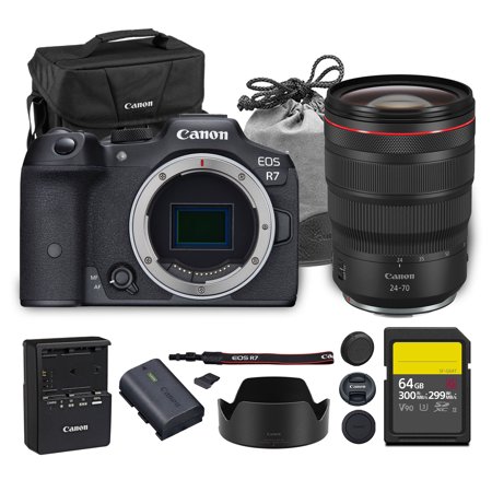 Canon EOS R7 Mirrorless Camera | 32.5MP APS-C Sensor 4K 60p Video | Fast Autofocus In-Body Stabilization for Wildlife and Sports (5137C002) + Canon RF 24-70mm Lens + 64GB Card + Bag