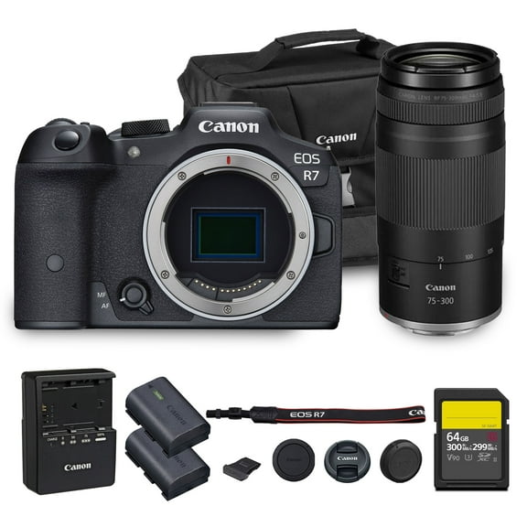 Canon EOS R7 Mirrorless Camera | 32.5MP APS-C Sensor 4K 60p Video | Fast Autofocus In-Body Stabilization for Wildlife and Sports (5137C002) + Canon RF 75-300mm Lens + LP-E6P Battery + 64GB Card + Bag