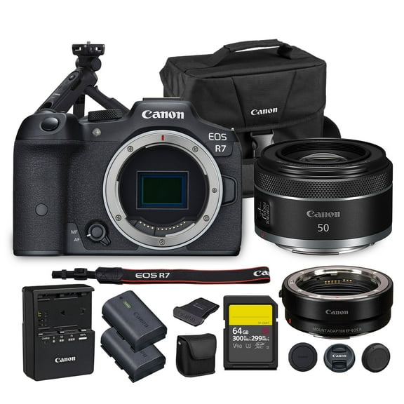 Canon EOS R7 Mirrorless Camera | 32.5MP APS-C Sensor 4K 60p Video | Fast Autofocus In-Body Stabilization for Wildlife and Sports + Canon RF 50mm f/1.8 STM Lens + Adapter EF-EOS R + Tripod Grip + More