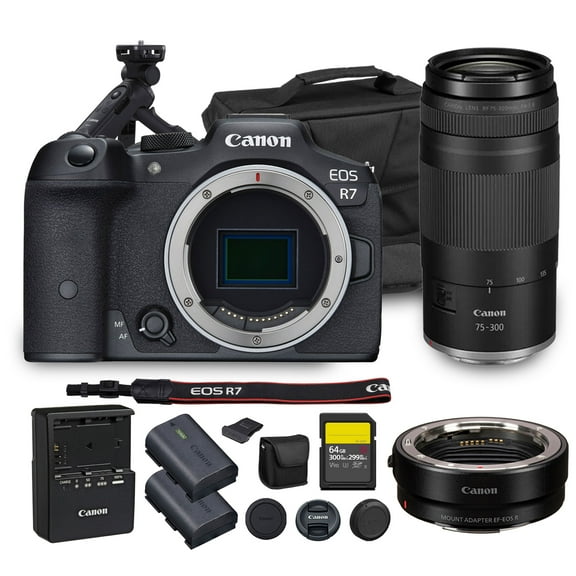 Canon EOS R7 Mirrorless Camera | 32.5MP APS-C Sensor 4K 60p Video| Fast Autofocus In-Body Stabilization for Wildlife and Sports + Canon RF 75-300mm Lens + Adapter EF-EOS R + Tripod Grip + More