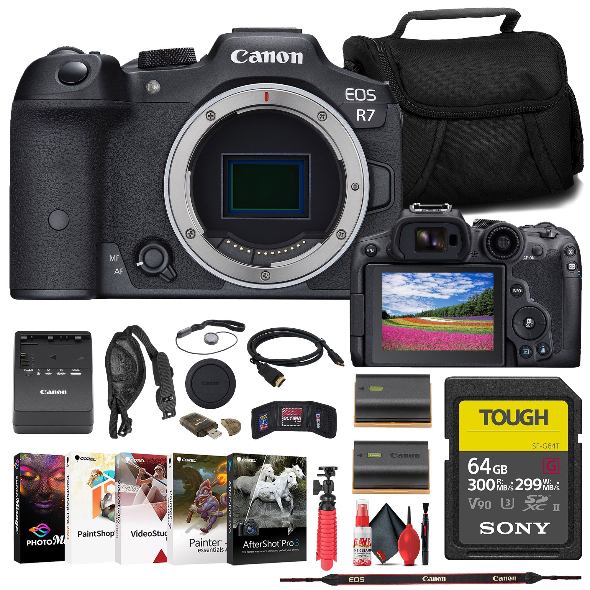 Canon EOS R7 Mirrorless Camera - Body Only with Sony 64GB SD Card & Essential Accessories