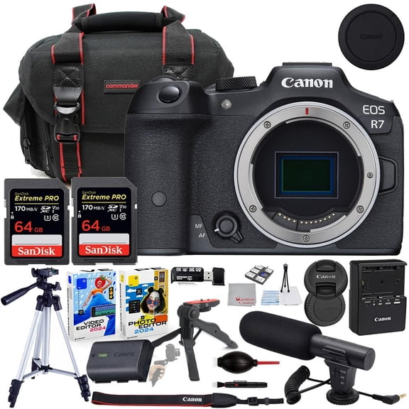 Canon EOS R7 Mirrorless Camera Body Only Bundle with Commander Gear Bag + Microphone + 2X 64GB Extreme Memory Cards + Accessory Kit