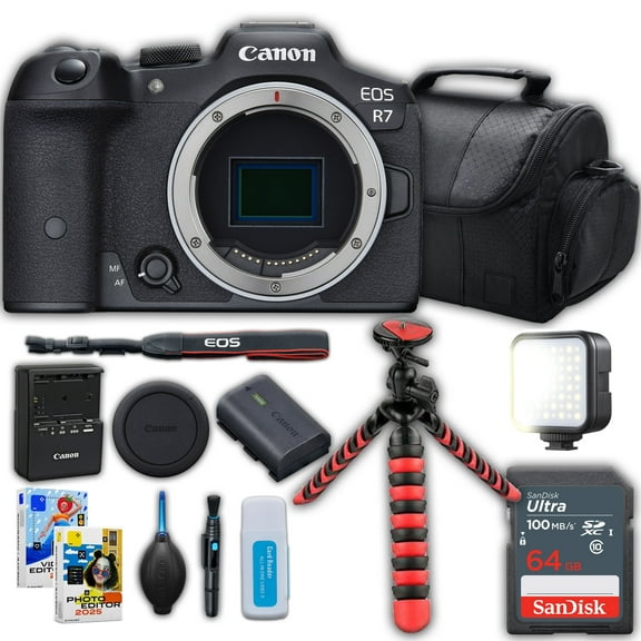 Canon EOS R7 Mirrorless Camera Body Only + SanDisk 64 GB Memory Card + Camera Case + Spider Tripod + More (International Version)