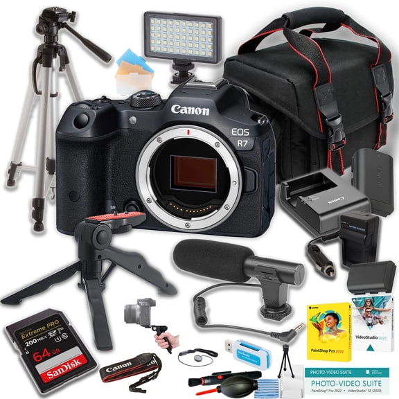 Canon EOS R7 Mirrorless Camera Body Only + SanDisk 64GB Extreme Pro Memory Card + Driectional Microphone + LED Light + Tripod + More (18pc Bundle) (International Version)