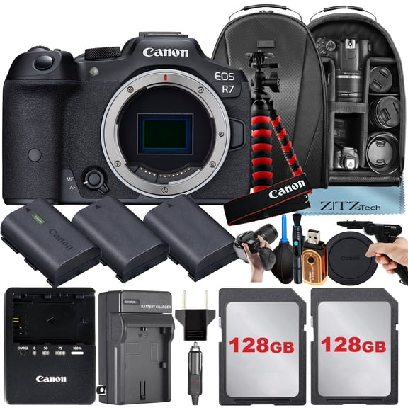 Canon EOS R7 Mirrorless Camera (Body Only) with 2 Pack 128GB Memory Card + 3 Pieces Battery + Backpack + Tripod + ZeeTech Accessory Bundle (International Version)