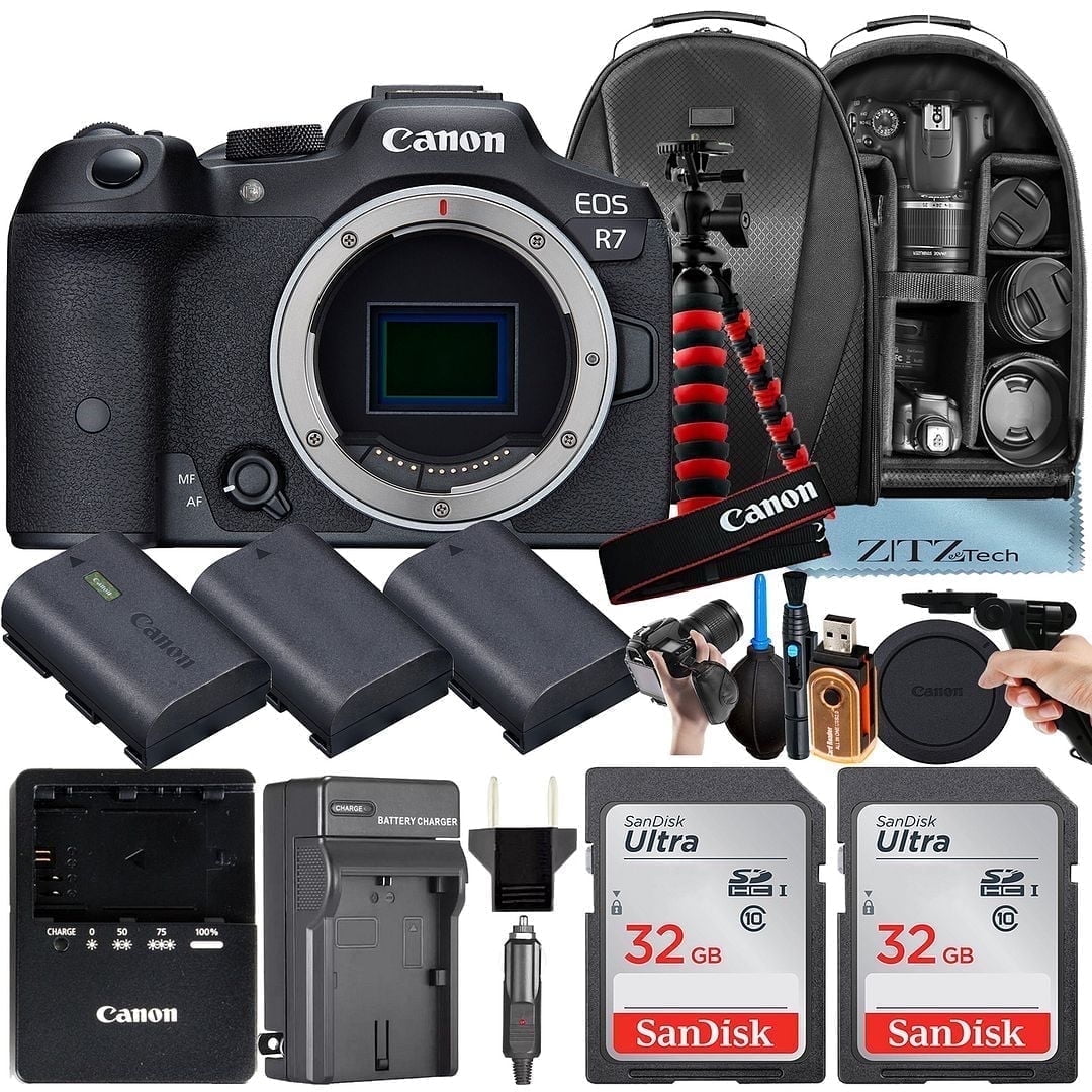 Canon EOS R7 Mirrorless Camera (Body Only) with 2 Pack 32GB SanDisk Memory Card + 3 Pieces Battery + Backpack + Tripod + ZeeTech Accessory Bundle