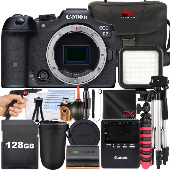 Canon EOS R7 Mirrorless Camera (Body Only) with SanDisk 128GB Memory Card + Case + Tripod + SV Premium Accessory Bundle (International Version)
