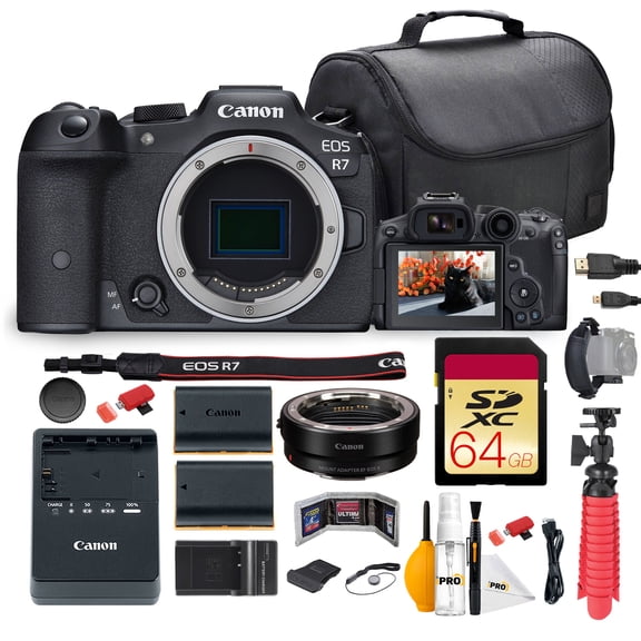 Canon EOS R7 Mirrorless Camera Bundle | 32.5MP APS-C Sensor, Dual Pixel CMOS AF II & 4K 60p Video | Great for Sports, Travel & Content Creators (5137C002) + Adapter EF-EOS R + 64GB Card + More