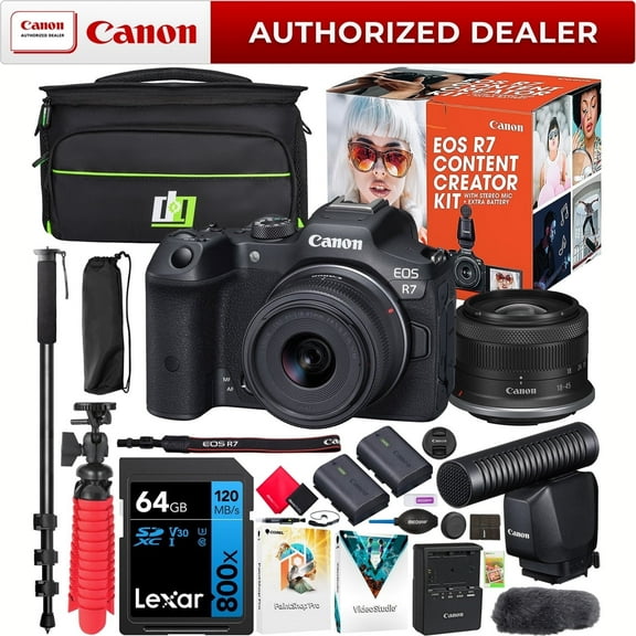 Canon EOS R7 Mirrorless Camera Content Creator Bundle w/ 18-45mm IS STM Lens + Microphone + 2x Battery 5137C055 + Deco Gear Bag + Monopod + Software & Accessories |Official Canon Partner|