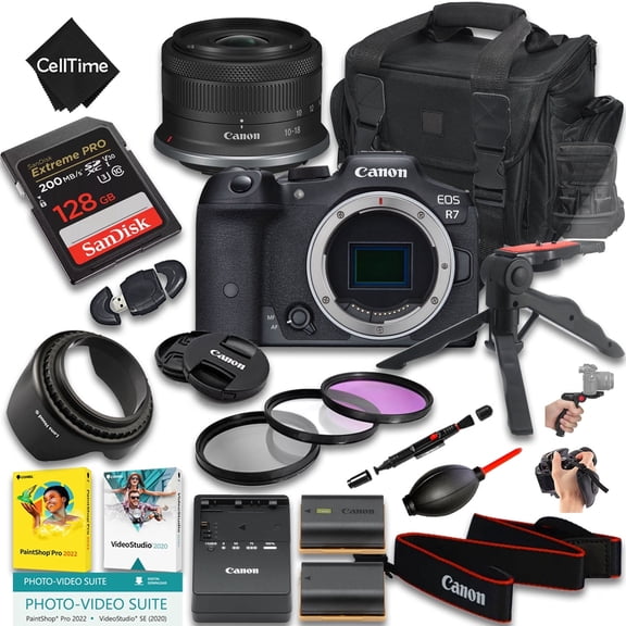 Canon EOS R7 Mirrorless Camera with RF-S 10-18mm f/4.5-6.3 IS STM Lens + 128GB Memory + Extra Battery + Camera Case + Grip Tripod + More (21pc Bundle) (International Version)