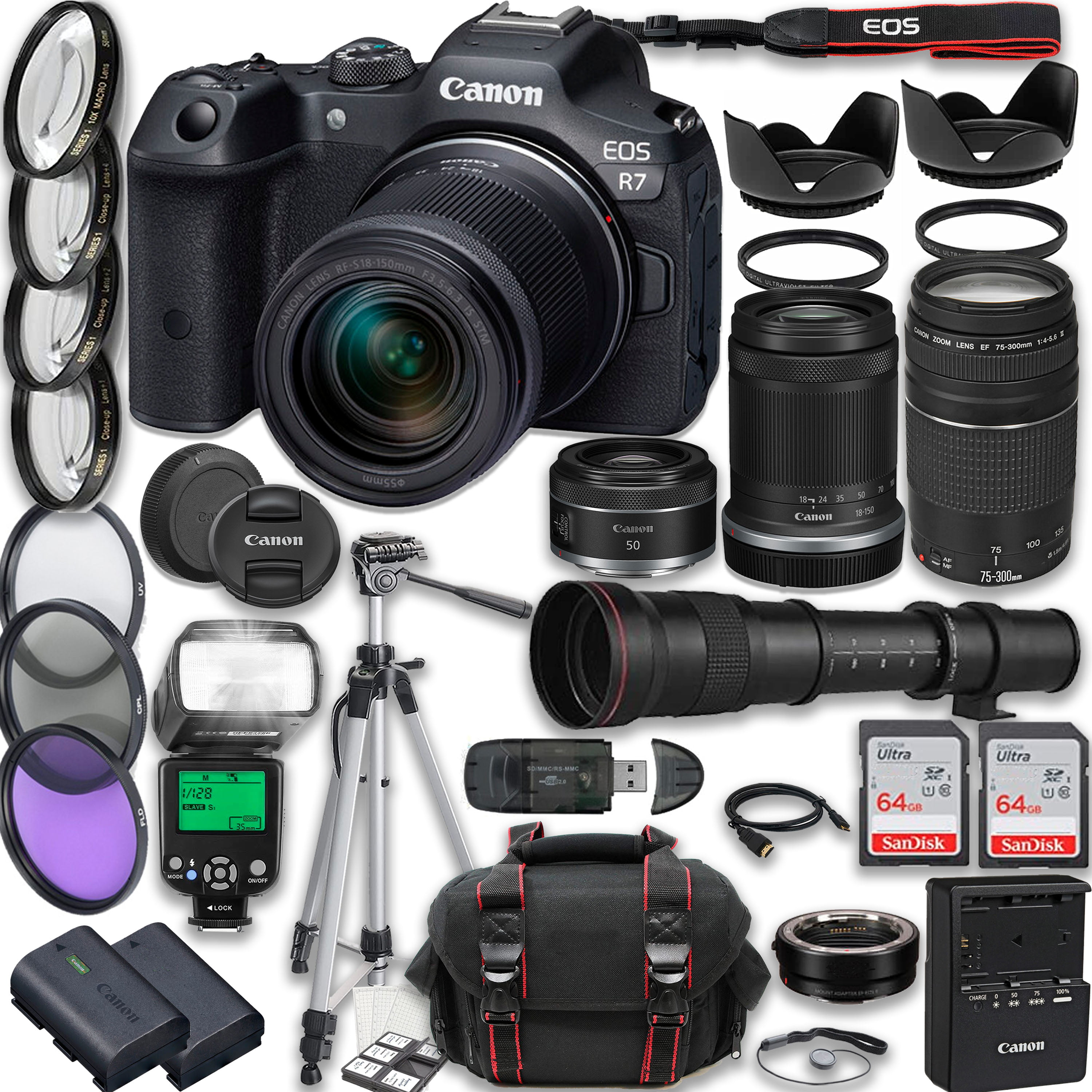 Canon EOS R7 Mirrorless Camera with Canon RF-S 18-150mm IS STM + EF  75-300mm III + RF 50mm f/1.8 STM + 420-800mm HD Lenses + Accessories: 2X  64GB 