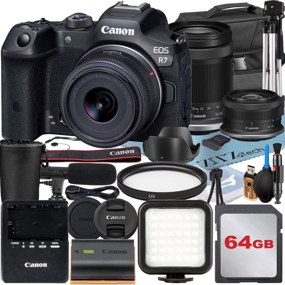 Canon EOS R7 Mirrorless Camera with RF-S 18-45mm + 18-150mm Lens + Mount Adapter + 64GB Memory Card + Case + LED Flash + ZeeTech Accessory Bundle (International Version)