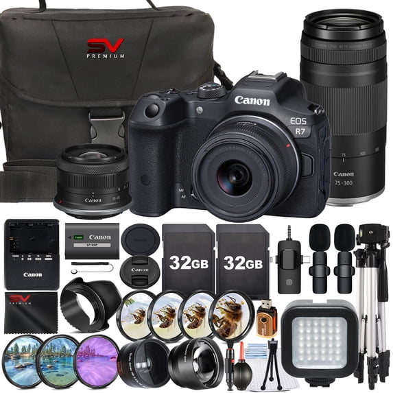 Canon EOS R7 Mirrorless Camera with RF-S 18-45mm + 75-300mm Lens + 2 Pack 32GB Memory Card + Case + Wide Angle + SV Premium Accessory Bundle (International Version)