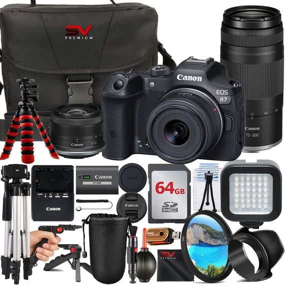 Canon EOS R7 Mirrorless Camera with RF-S 18-45mm + 75-300mm Lens + 64GB Memory Card + Case + Tripod + SV Premium Accessory Bundle (International Version)