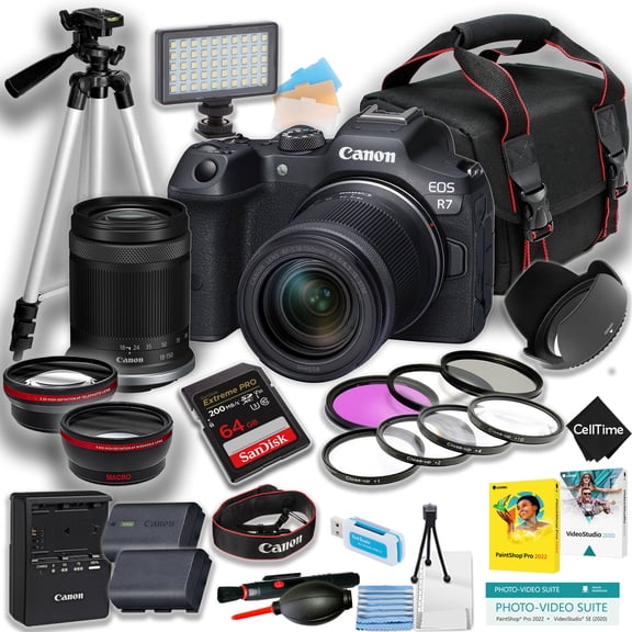 Canon EOS R7 Mirrorless Camera w/18-150mm lens + 2pc 64GB Memory Card + LED Light + Extra Battery +Tripod + More (21pc Bundle) (International Version)