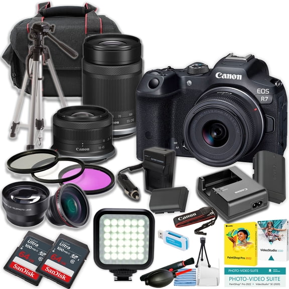 Canon EOS R7 Mirrorless Camera w/18-45mm and 55-210mm Lens + 2pc SanDisk 64GB Ultra Memory Card + LED Light + Tripod + More (21pc Bundle) (International Version)