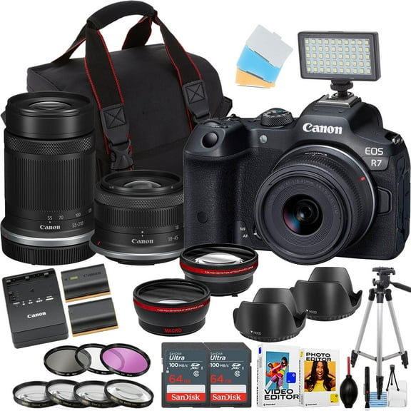 Canon EOS R7 Mirrorless Camera w/18-45mm and 55-210mm Lens + 2pc Sandisk 64GB Ultra Memory Card + Camera Case + More (18pc Bundle) (International Version)
