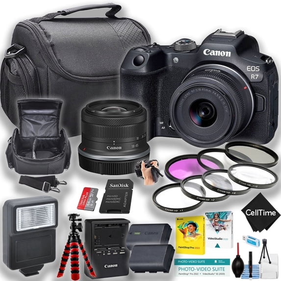 Canon EOS R7 Mirrorless Camera w/18-45mm lens + 64GB Memory Card + Extra Battery + Spider Tripod + More (18pc Bundle) (International Version)