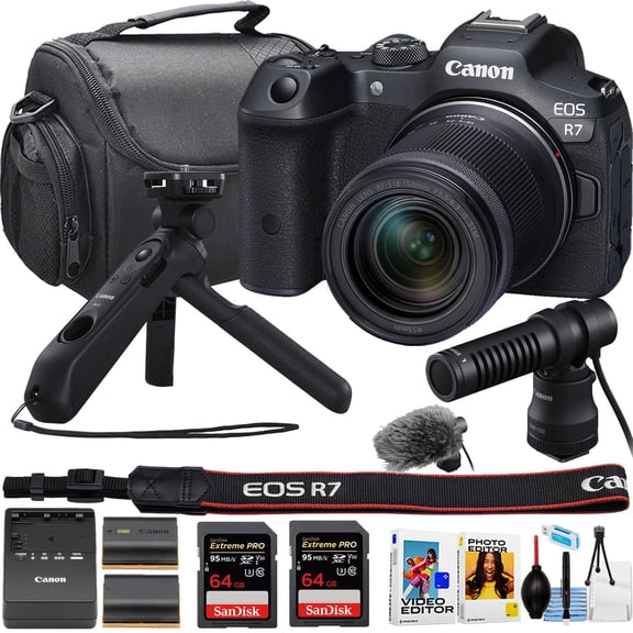 Canon EOS R7 Mirrorless Camera w/RF-S 18-150mm f/3.5-6.3 is STM Lens + HG-100TBR Tripod Grip + DM-E100 Directional Microphone + More (15 Piece Bundle) (International Version)