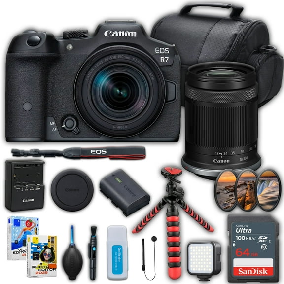 Canon EOS R7 Mirrorless Camera with 18-150mm Lens + SanDisk 64 GB Memory Card + Camera Case + Spider Tripod + More (International Version)