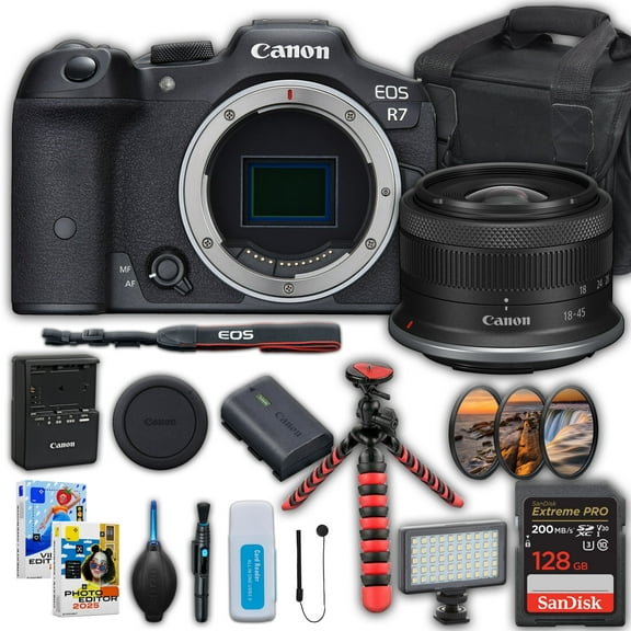 Canon EOS R7 Mirrorless Camera with Canon RF-S 18-45mm f/4.5-6.3 IS STM Lens Kit SanDisk 128 GB Memory Card + Camera Case + Spider Tripod + More (International Version)
