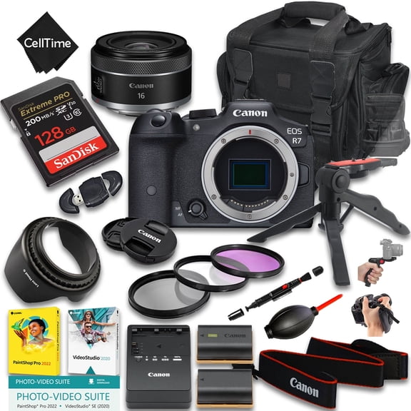 Canon EOS R7 Mirrorless Camera with RF 16mm f/2.8 STM Lens + 128GB Memory + Extra Battery + Camera Case + Grip Tripod + More (21pc Bundle) (International Version)