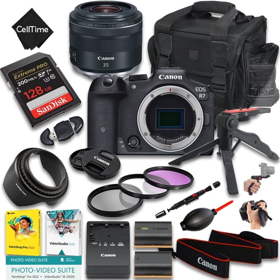 Canon EOS R7 Mirrorless Camera with RF 35mm f/1.8 Macro IS STM Lens + 128GB Memory + Extra Battery + Camera Case + Grip Tripod + More (21pc Bundle) (International Version)