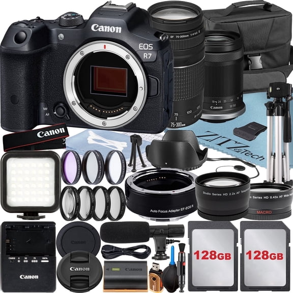 Canon EOS R7 Mirrorless Camera with RF-S 18-150mm + EF 75-300mm Lens + Mount Adapter + 2 Pack 128GB Memory Card + Case + ZeeTech Accessory (International Version)