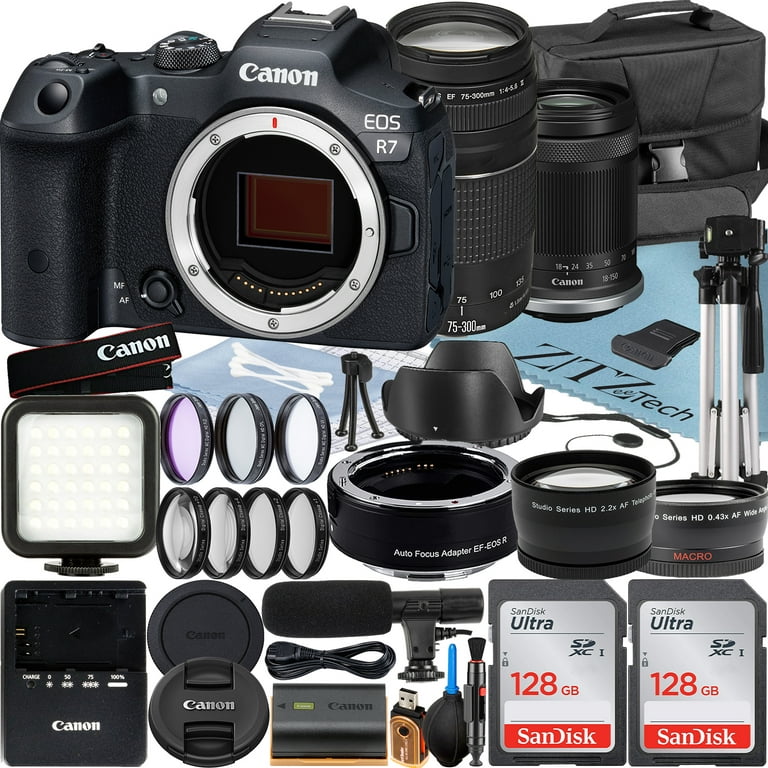 Canon EOS R7 Mirrorless Camera with RF-S 18-150mm + EF 75-300mm Lens +  Mount Adapter + 2 Pack SanDisk 128GB Memory Card + Case + ZeeTech Accessory  