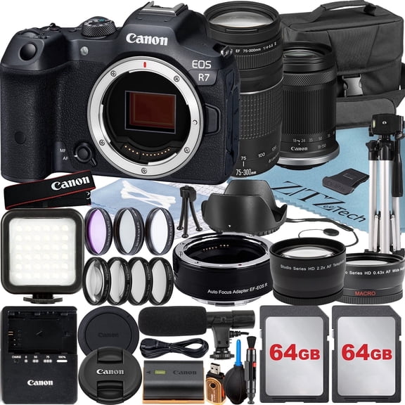 Canon EOS R7 Mirrorless Camera with RF-S 18-150mm + EF 75-300mm Lens + Mount Adapter + 2 Pack 64GB Memory Card + Case + ZeeTech Accessory (International Version)