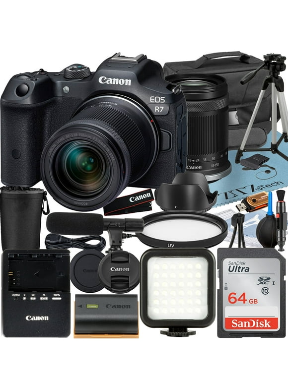 Canon EOS R7 Mirrorless Camera with RF-S 18-150mm Lens + SanDisk 64GB Memory Card + Case + LED Flash + ZeeTech Accessory Bundle
