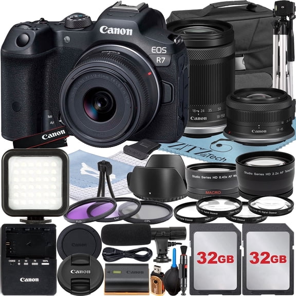 Canon EOS R7 Mirrorless Camera with RF-S 18-45mm + 18-150mm Lens + 2 Pack 32GB Memory Card + Case + ZeeTech Accessory (International Version)