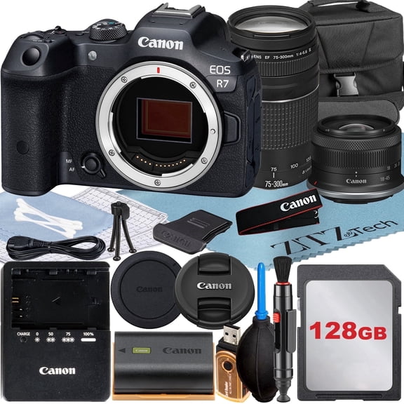 Canon EOS R7 Mirrorless Camera with RF-S 18-45mm + EF 75-300mm Lens + 128GB Memory Card + Case + ZeeTech Accessory Bundle (International Version)