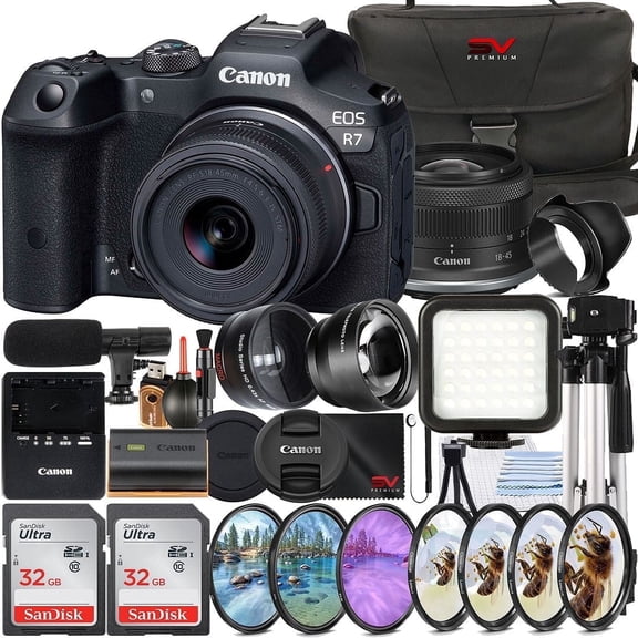 Canon EOS R7 Mirrorless Camera with RF-S 18-45mm Lens + 2 Pack SanDisk 32GB Memory Card + Case + LED Flash + SV Premium Accessory Bundle