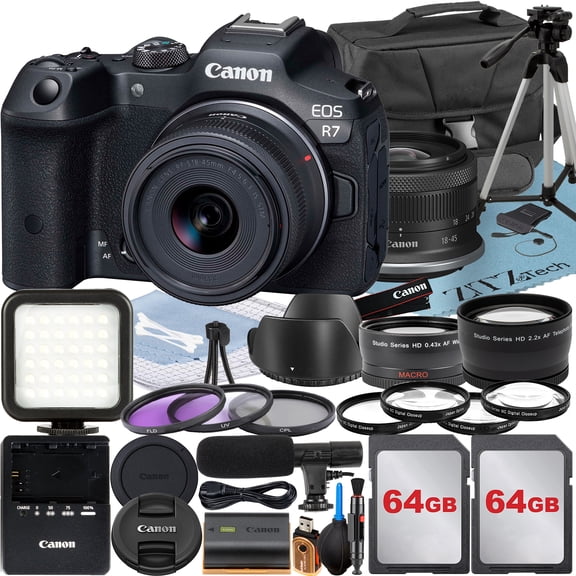 Canon EOS R7 Mirrorless Camera with RF-S 18-45mm Lens + 2 Pack 64GB Memory Card + Case + ZeeTech Accessory (International Version)