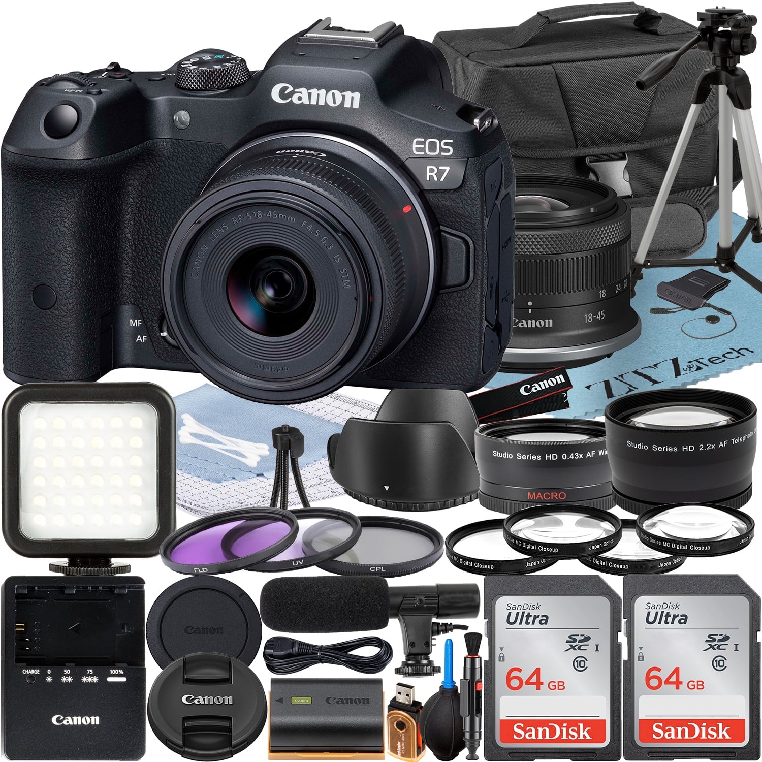 Canon EOS R7 Mirrorless Camera with RF-S 18-45mm Lens + 2 Pack SanDisk 64GB Memory Card + Case + ZeeTech Accessory (International Version)