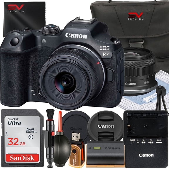 Canon EOS R7 Mirrorless Camera with RF-S 18-45mm Lens + SanDisk 32GB Memory Card + Case + SV Premium Accessory Bundle (International Version)