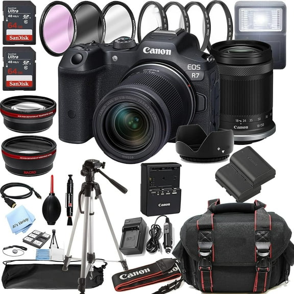 Canon EOS R7 Mirrorless Digital Camera with 32.5 MP CMOS Sensor, 3x Digital Zoom, and Bundle with Case, Tripod, Memory and More, Black, 1 (International Version)