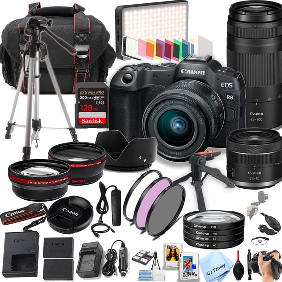 Canon EOS R8 24.2MP Full-Frame CMOS Sensor Mirrorless Camera with 24-50mm + 75-300mm Lenses + 128GB Extreme Memory, LED Video Light, Wide Angle Lens, Telephoto Lens, Filters-(International Model)