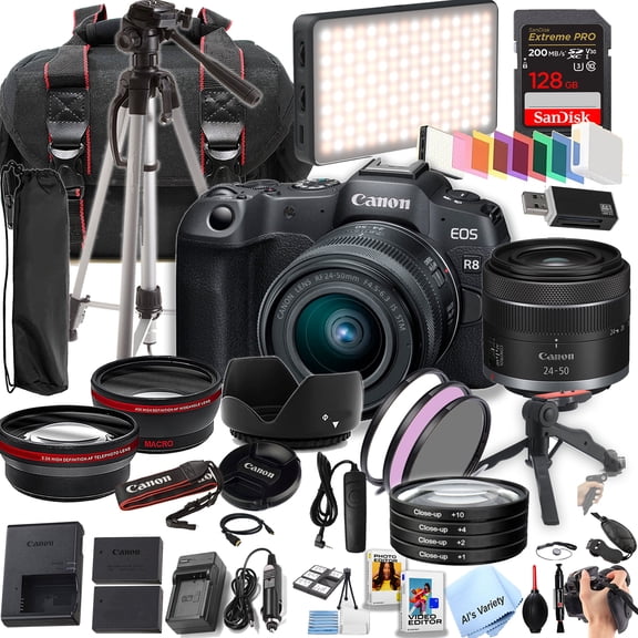 Canon EOS R8 24.2MP Full-Frame CMOS Sensor Mirrorless Camera with 24-50mm Lens +128GB Extreme Memory, LED Video Light, Wide Angle Lens, Telephoto Lens, 3pc Filter Kit- (International Model)