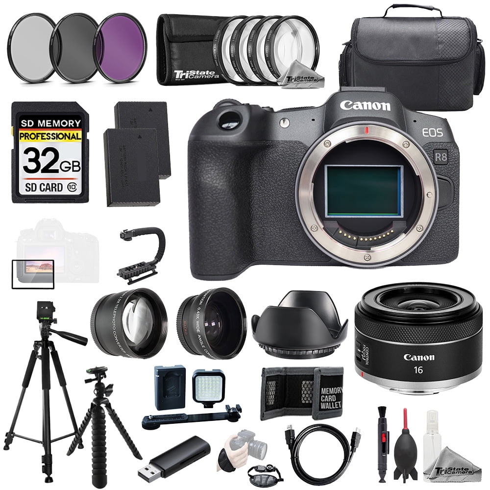 Canon EOS R8 Camera + Canon RF 16mm f/2.8 STM Lens +32GB+Ext Bat+9 PC Filtr-MEGA Kit (International Version)