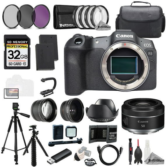 Canon EOS R8 Camera + Canon RF 50mm f/1.8 STM Lens +32GB+Ext Bat+9 PC Filtr-MEGA Kit (International Version)