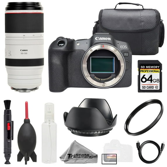 Canon EOS R8 Camera + RF 100-500mm f/4.5-7.1L IS USM Lens +64GB + Bag+ UV Filter- Basic Kit (International Version)