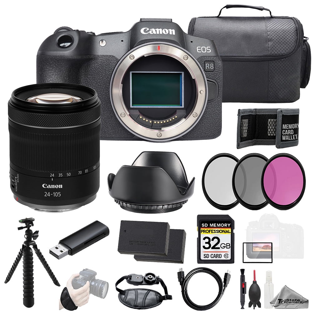 Canon EOS R8 Camera + RF 24-105mm f/4-7.1 IS STM Lens +32GB + Ext Bat+ 3 PC Filter- Kit (International Version)