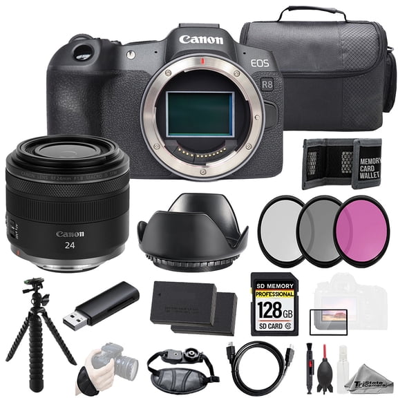 Canon EOS R8 Camera + RF 24mm f/1.8 Macro IS STM Lens 128GB + Ext Bat+ 3 PC Filter- Kit (International Version)