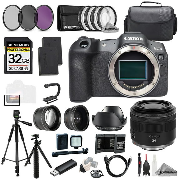Canon EOS R8 Camera + RF 24mm f/1.8 Macro IS STM Lens +32GB+Ext Bat+9 PC Filtr-MEGA Kit (International Version)