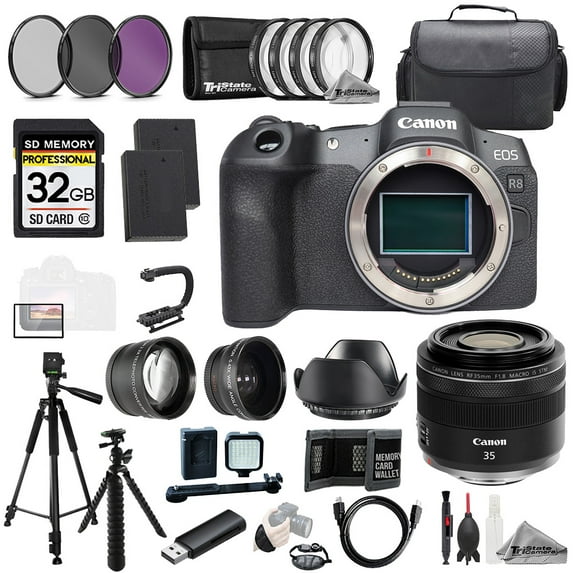 Canon EOS R8 Camera + RF 35mm f/1.8 Macro IS STM Lens +32GB+Ext Bat+9 PC Filtr-MEGA Kit (International Version)